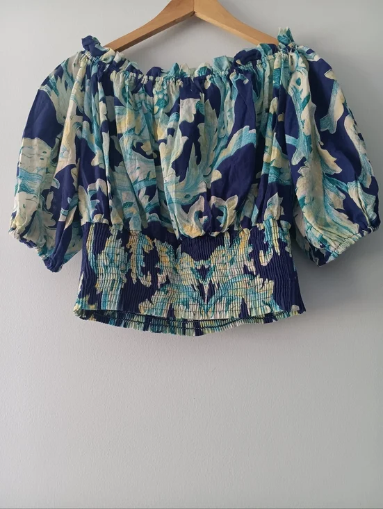 Antica Sartoria Blue Floral Off Shoulder Top OS Smocked Cotton Puff Sleeve - Picture 3 of 7